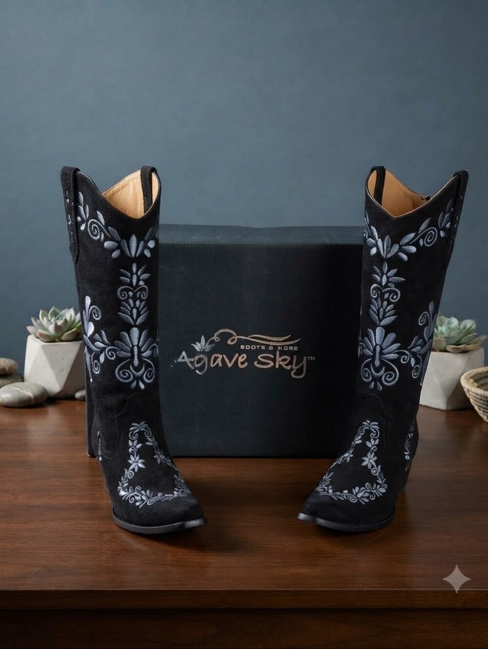 Agave Black Suede Western Boots with Blue Floral Embroidery